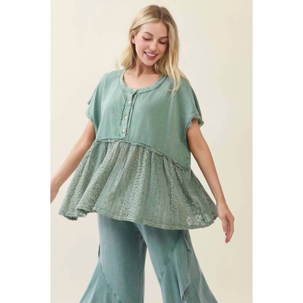 NEW J.HER mineral washed lace babydoll blouse top in moss green